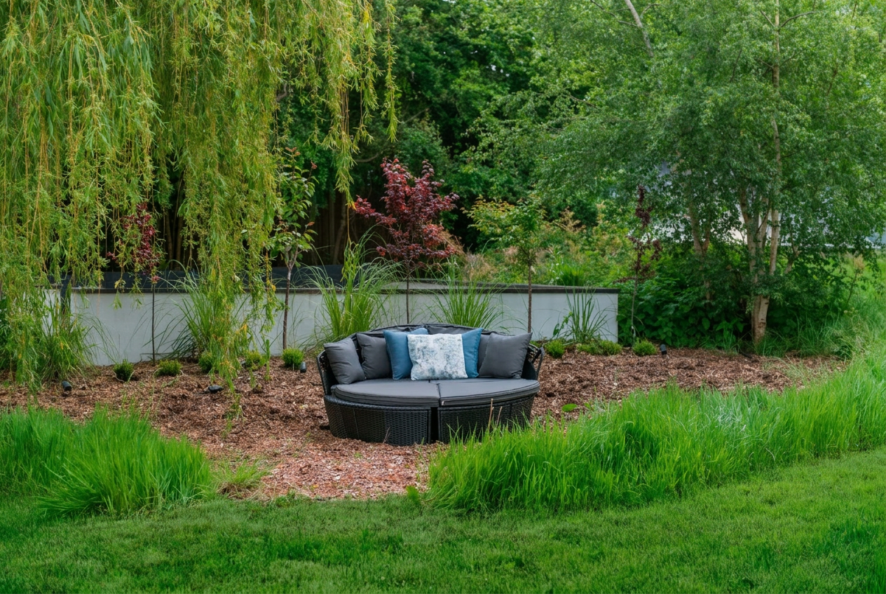 Outdoor lounge seating by the fire pit